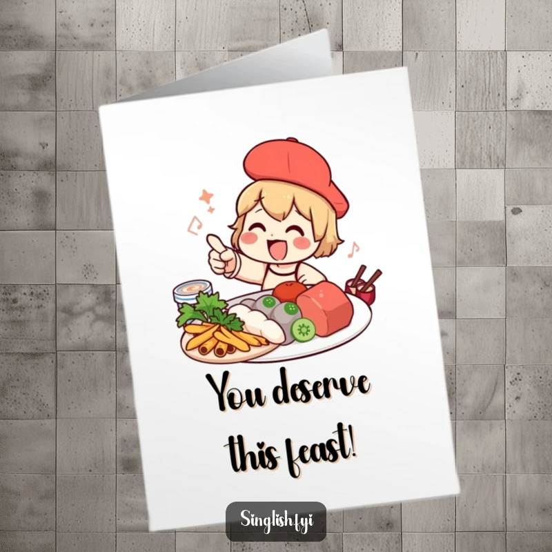 Funny Free Printable Shelduck Congrats Card, character pointing joyfully at local food, celebrating wins with culinary delight.