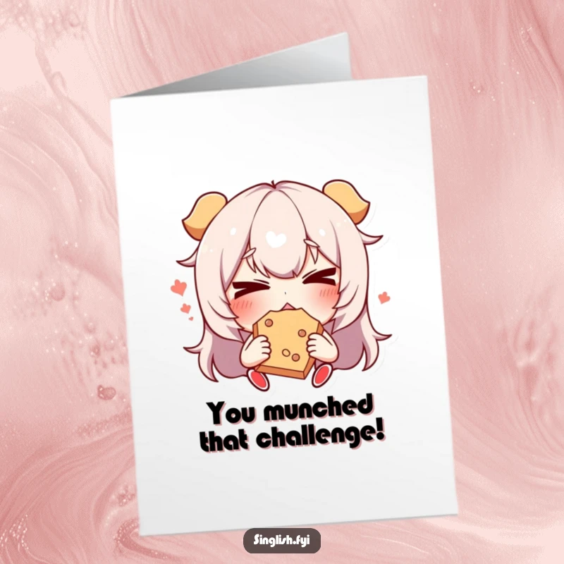 Funny Free Printable Congratulations Card: A character amusingly contorting its face while savoring a delicious snack, conveying joy and satisfaction.