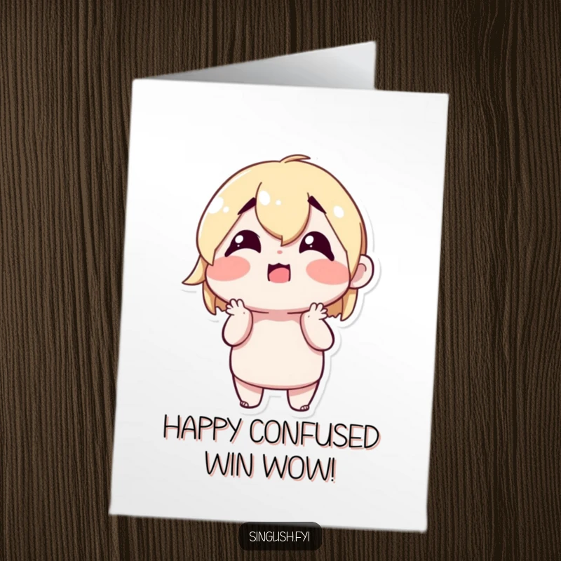 Funny Free Printable Congratulations Card: Character shrugging with a confused but happy expression, celebrating wins with endearing uncertainty.