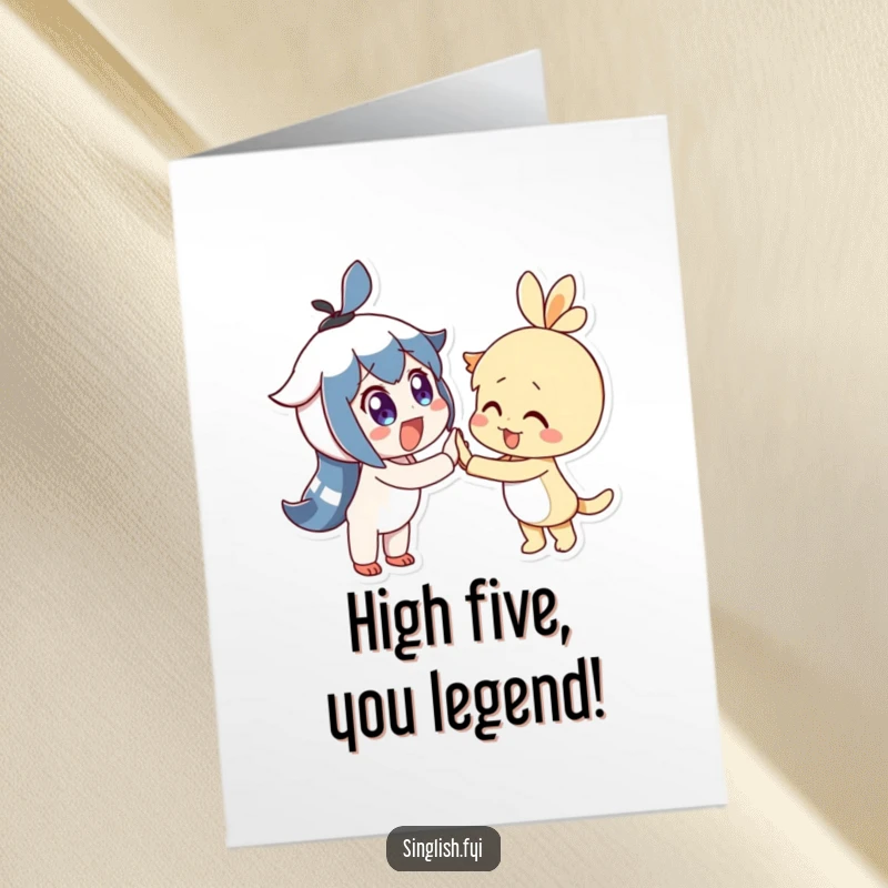 Funny Free Printable Congrats Card: Two delighted characters joyfully high-five, celebrating a win.