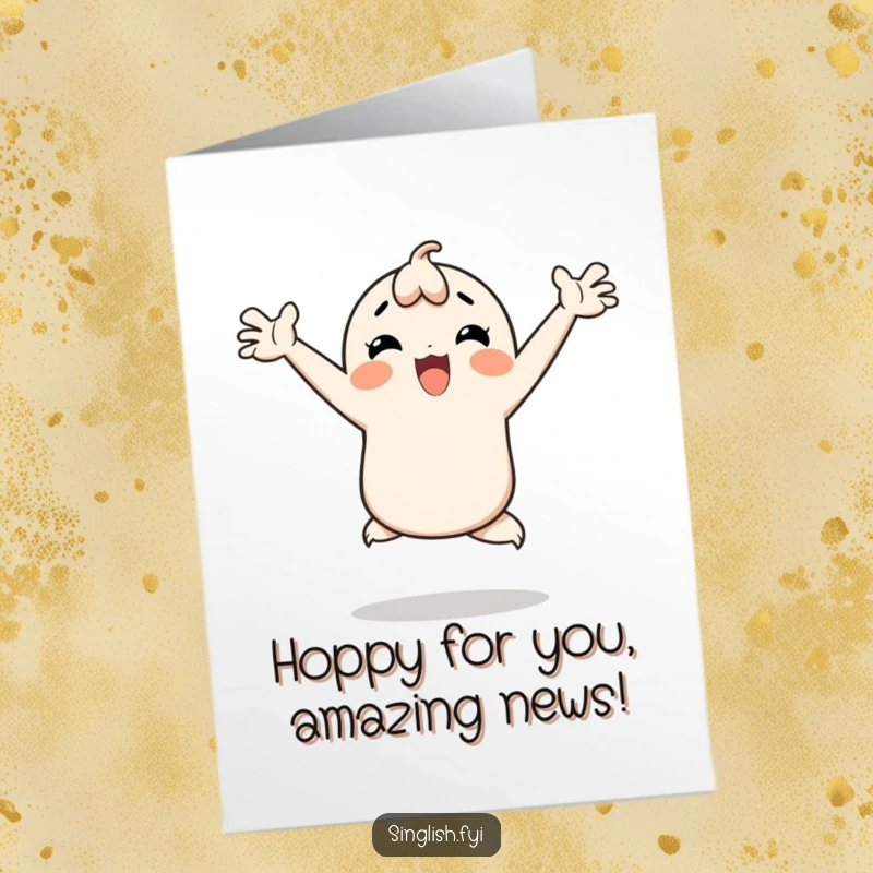 Funny Free Printable Congratulations Card: Character hops with joy, arms thrown wide, celebrating a fantastic achievement.