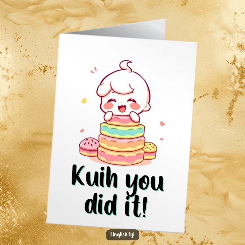 Funny free printable congratulations card with a character giggling while expertly balancing a stack of vibrant, delicious-looking kuih.