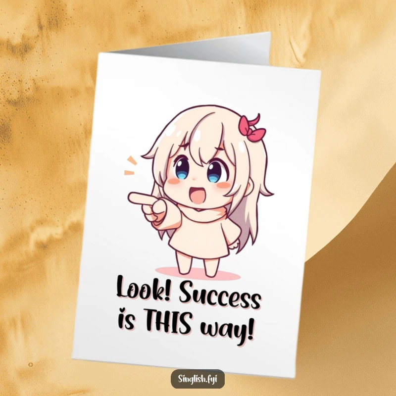 Funny Free Printable Congratulations Card: A character with exaggerated gesture pointing towards something unseen, beaming with delight.