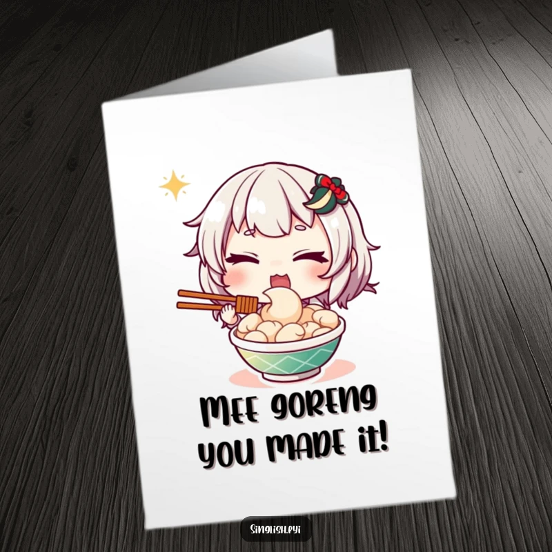 Funny free printable congratulations card with a character winking mischievously beside a plate of mee goreng, celebrating a triumph.