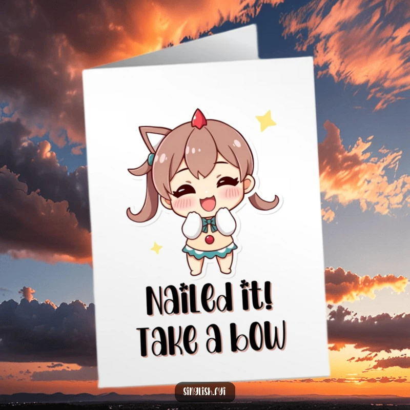 Funny Free Printable Congratulations Card: Character bows with a triumphant grin, celebrating a major achievement with flair.