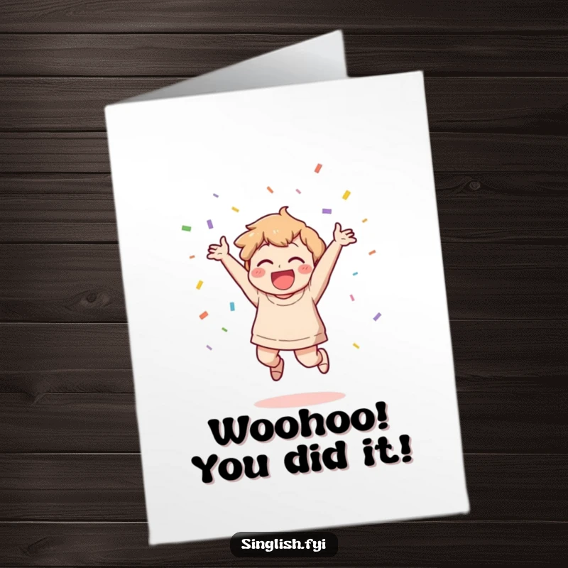 Funny Free Printable Congrats Card: A character jumps with joy, gleefully throwing confetti, a vibrant downloadable gift.