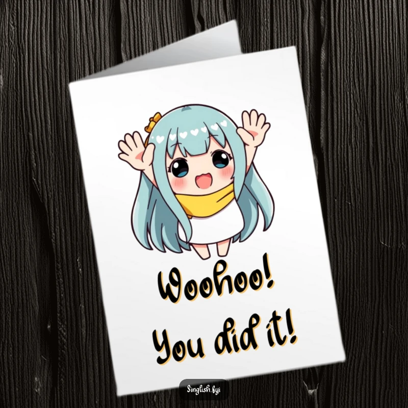 Funny Free Printable Congrats Card: Character enthusiastically waving both hands in the air, celebrating a success, ideal for a downloadable gift.