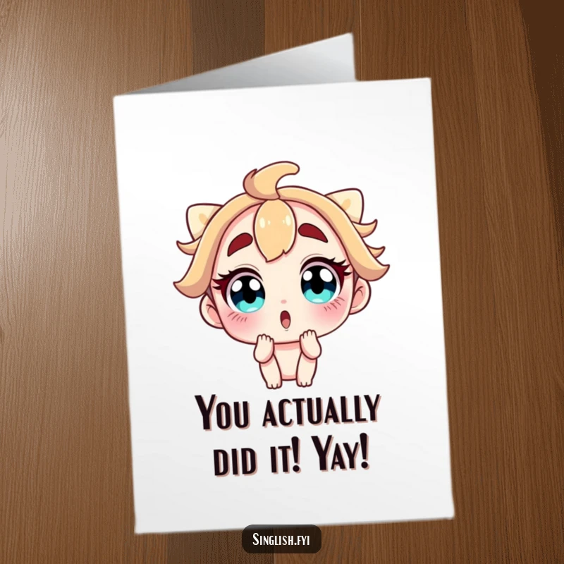 Funny Free Printable Congratulations Card showing a character with eyes wide and eyebrows high in happy shock. DIY congrats art.