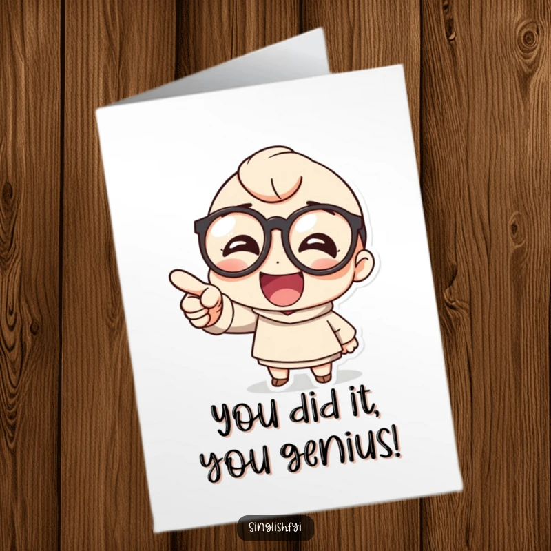 Funny Free Printable Congratulations Card: A cute character with large glasses points and laughs heartily at success.