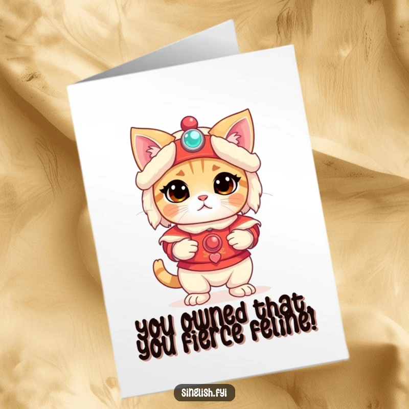 Funny Free Printable Congratulations Card: A confused cat in a lion dance costume celebrates success with bewildered eyes.