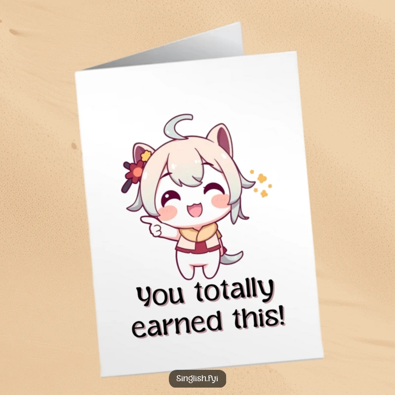 Funny Free Printable Congrats Card: A character grins playfully pointing at an unseen object, ideal for congratulations.