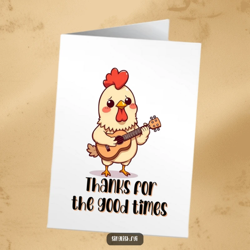 Funny Free Printable Thank You Card: A confused chicken satay skewer playing a miniature ukulele, a quirky way to say thanks.
