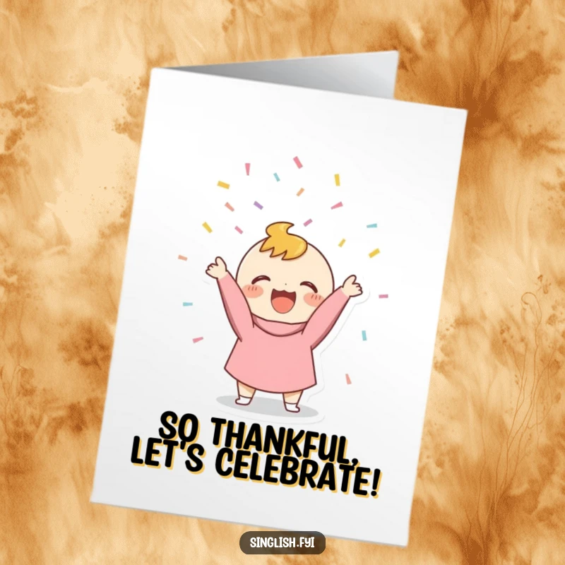 Funny Free Printable Thank You Card: Small character joyfully throwing confetti upwards, expressing thanks in a festive way.