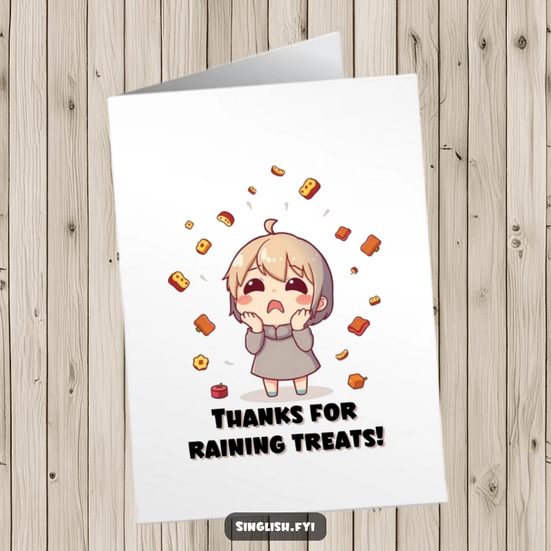 Funny Free Printable Shelduck Thank You Card, character surprised by a sudden rain of tiny food items, perfect for thanks.