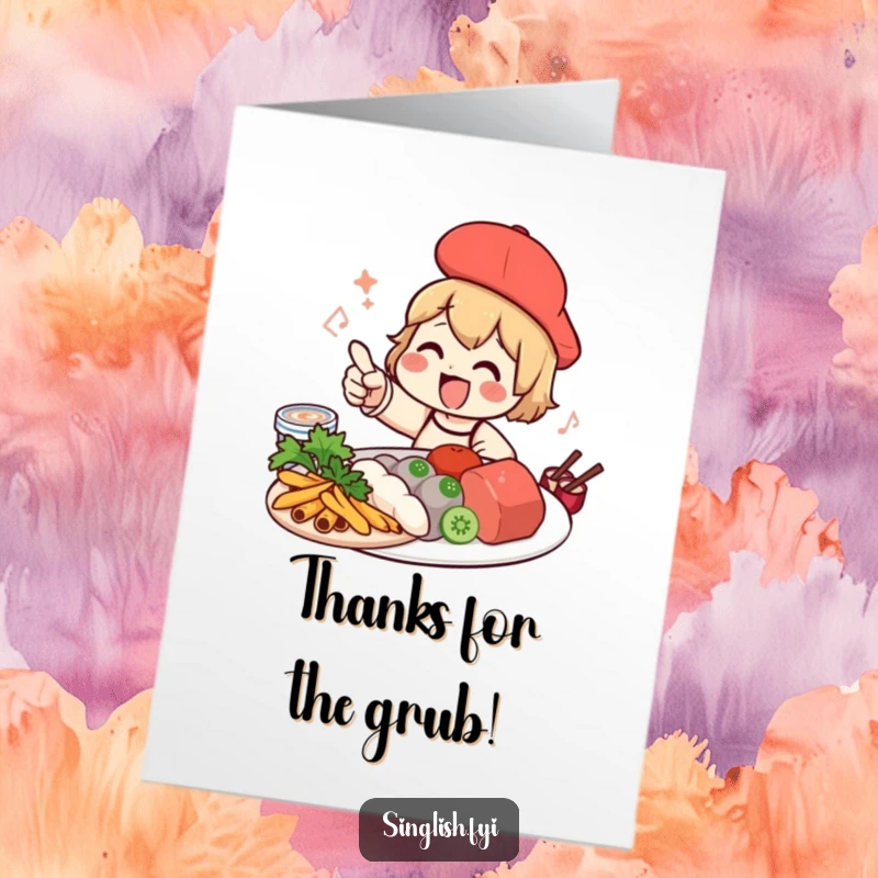 Funny Free Printable Shelduck Thank You Card, character excitedly pointing at delicious local food, perfect for culinary thanks.