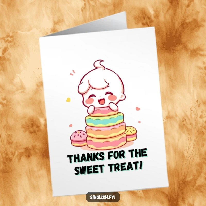 Funny free printable thank you card of a character giggling merrily while balancing a delightful stack of colorful, assorted kuih.