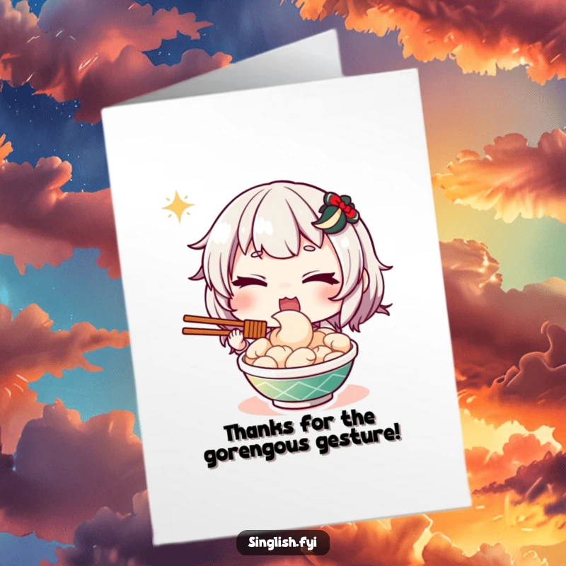 Funny free printable thank you card featuring a character winking slyly next to a plate of mee goreng, expressing thanks humorously.