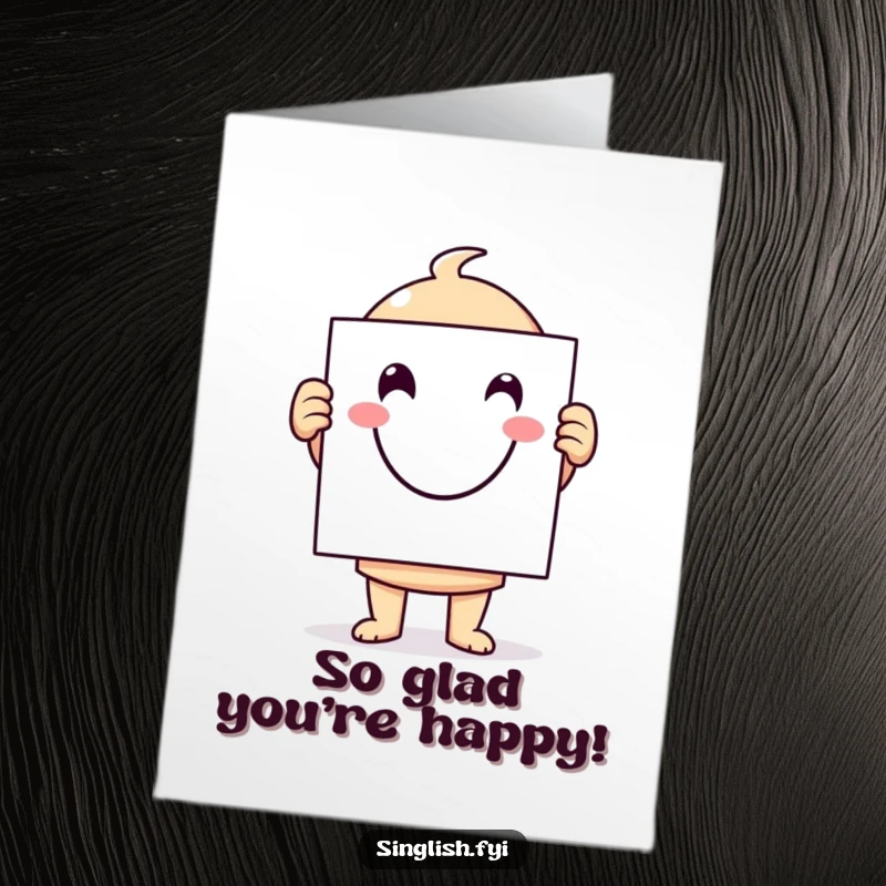 Funny Free Printable Thank You Card: A character happily presents a giant smiley face sign, conveying heartfelt thanks.