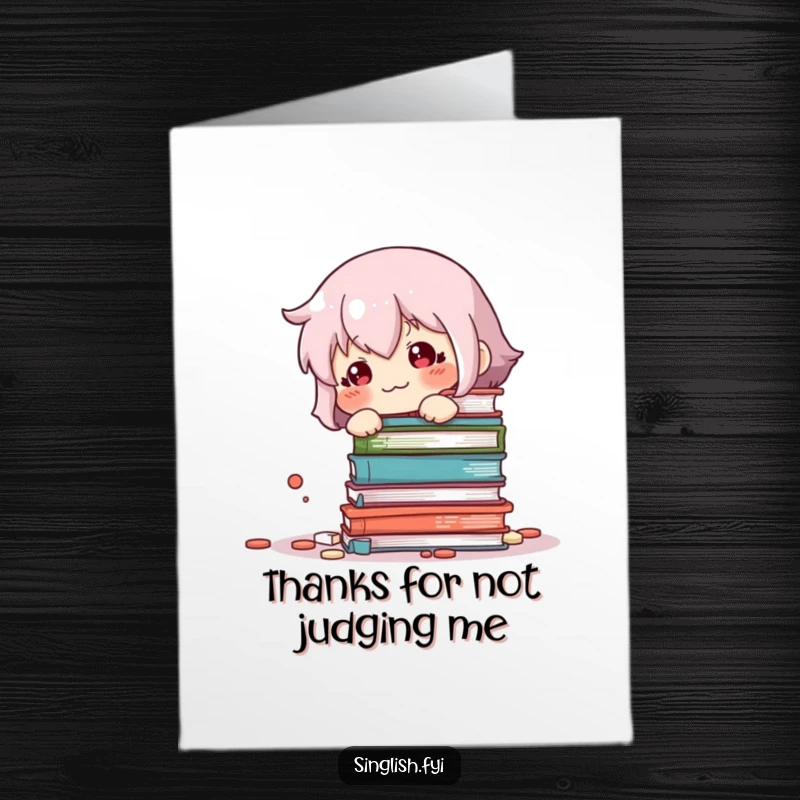 Funny Free Printable Thank You Card: Sheepish character amidst fallen books, a humorous way to say thanks or sorry.