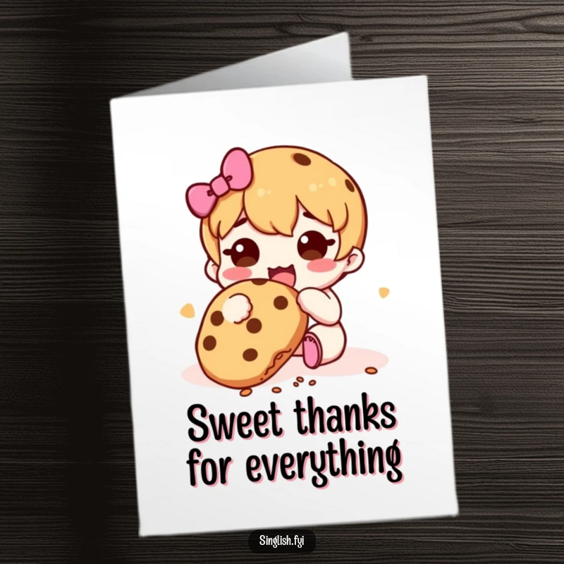 Funny Free Printable Thank You Card: Cute character enjoying a cookie, crumbs falling, a delightful way to say thanks.
