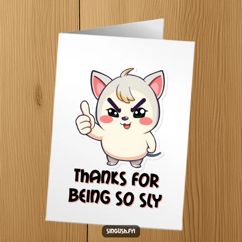 Funny Free Printable Thank You Card: A playful character winks with a mischievous grin and signals thumbs up.