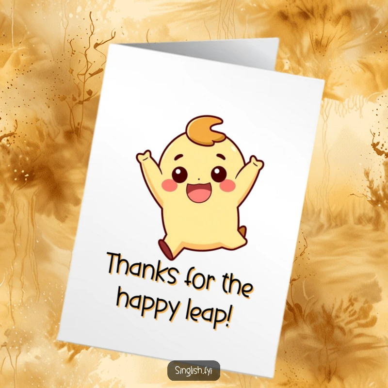 Funny Free Printable Thank You Card: A character caught in a playful jump, smiling broadly to convey heartfelt thanks.