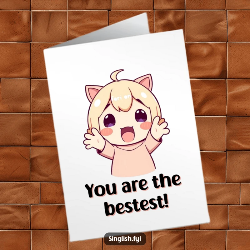 Funny Free Printable thank you card featuring a character in a state of joyous surprise with hands thrown up in delight.