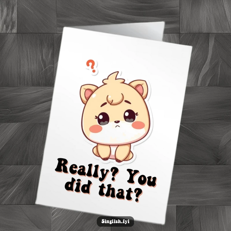 Funny Free Printable Curious Character Thank You Card: A character tilting their head with a curious look, questioning their good fortune.