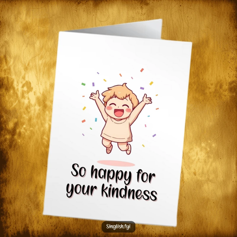 Funny Free Printable Thank You Card: A character jumps with joy, gleefully throwing confetti, a unique way to say thanks.