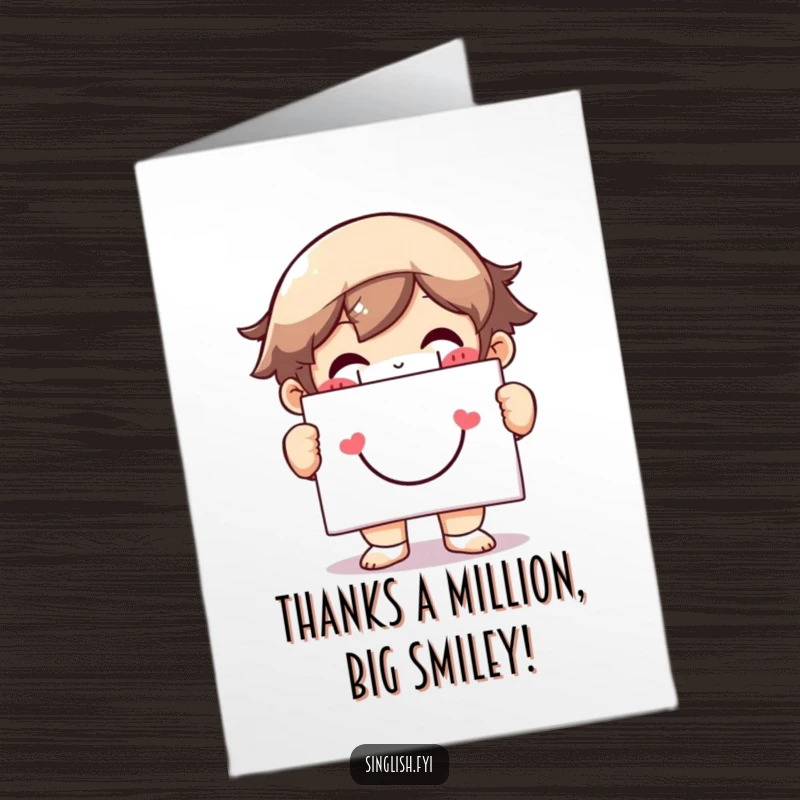 Funny Free Printable Thank You Card: Character beaming with a huge grin holds a smiley face sign, a joyful thanks.