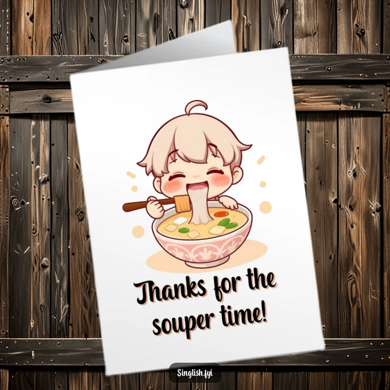Funny free printable thank you card of a character happily slurping lontong soup, expressing sincere and humorous gratitude.