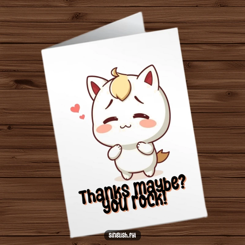 Funny Free Printable Thank You Card: Character shrugs with a happy, confused look, perfect for expressing gratitude humorously.