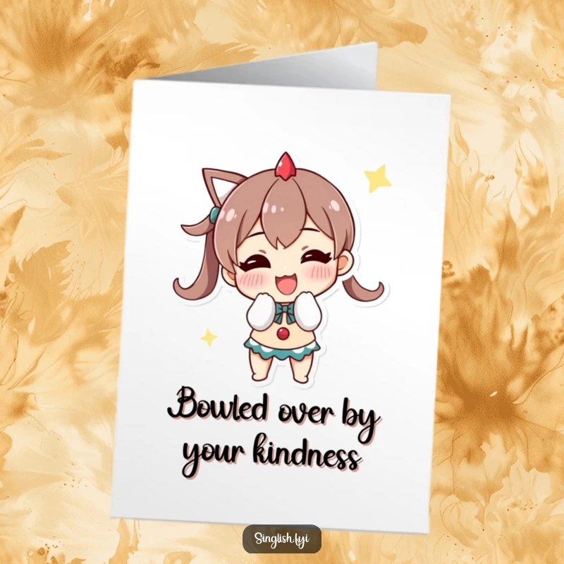 Funny Free Printable Thank You Card: Character gives a triumphant bow with a wide grin, conveying deep appreciation humorously.