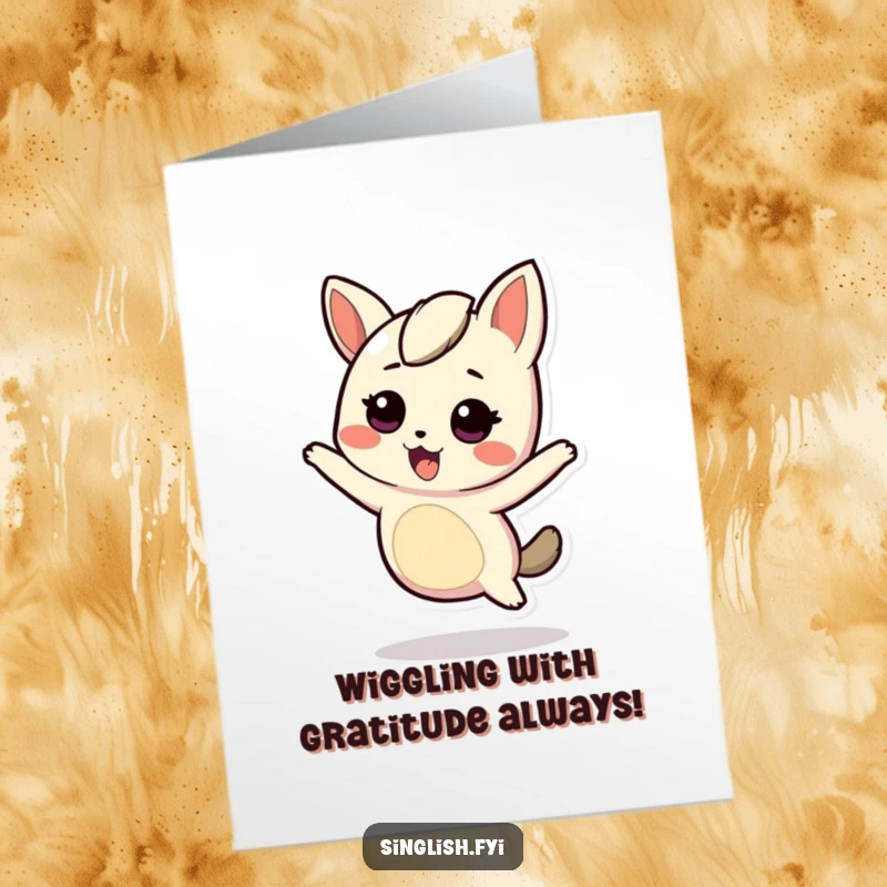 Funny Free Printable thank you card of a cute character enthusiastically wiggling its body to show gratitude.