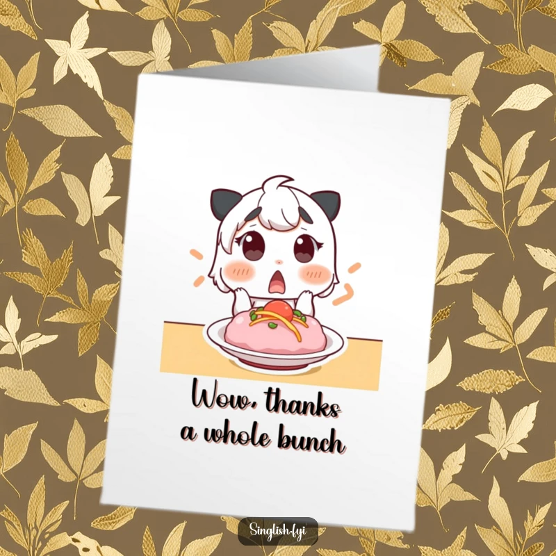 Funny Free Printable Thank You Card with a surprised character, raised eyebrows, and a gasp at a tasty looking dish, perfect for gratitude.