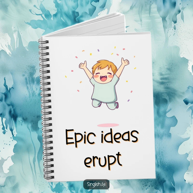 Funny Confetti Jump Notebook with a character jumping joyfully and throwing confetti, ideal for jotting down celebration plans.