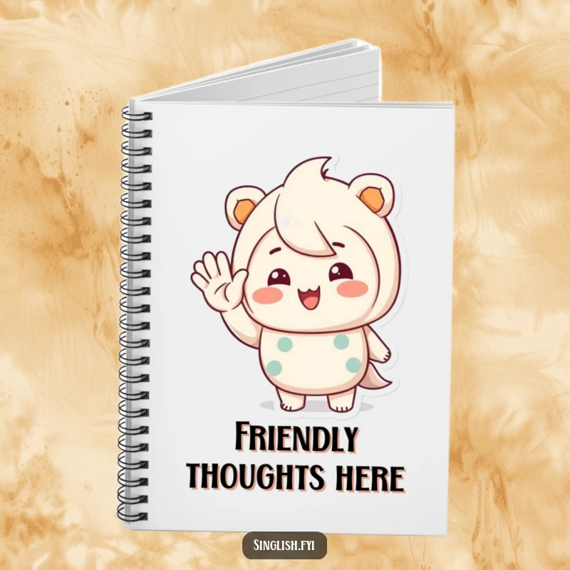 Funny notebook with a character waving hello and a warm, inviting smile, perfect for writing and warm messages.