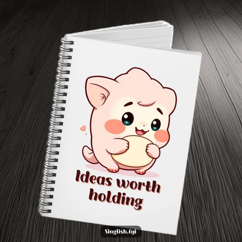 Funny notebook with a cute character's cheeky grin holding a lah, perfect for note-taking and doodling with personality.