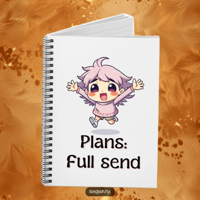 Funny character notebook in an energetic, comical running pose with arms flailing, perfect for jotting down thoughts with flair.