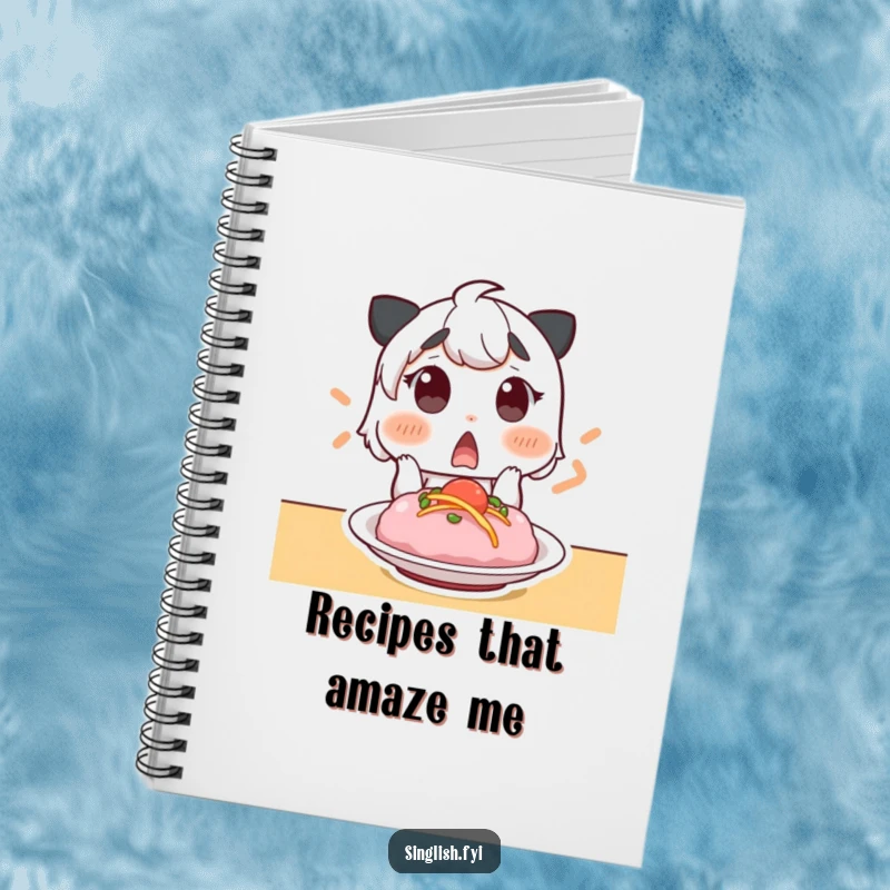 Funny notebook featuring a surprised character gasping at a delicious dish, perfect for recipe writing or food journaling.