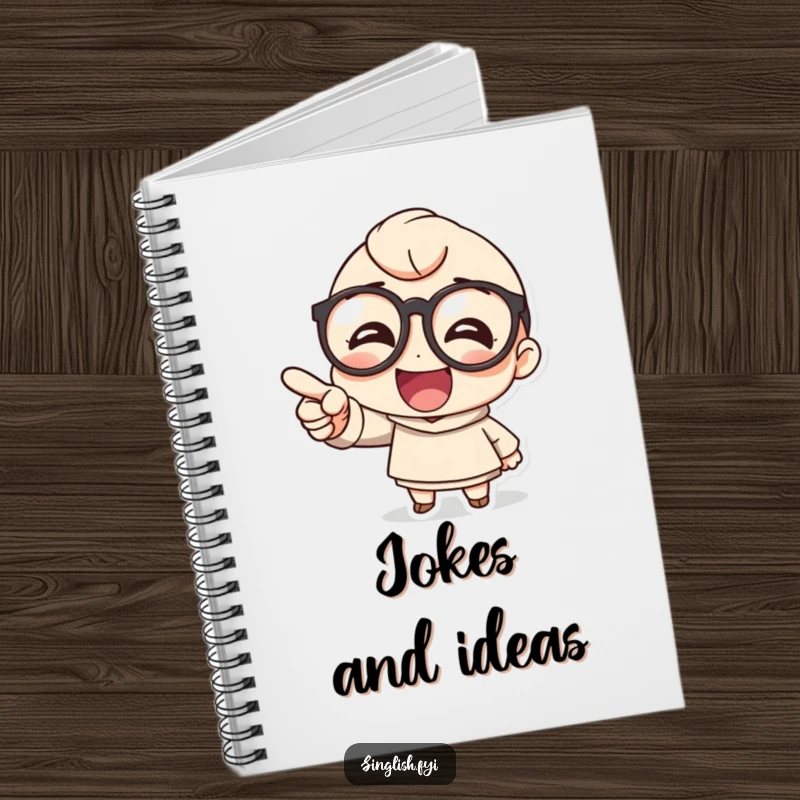 Funny notebook with a cute character in large round glasses pointing and laughing heartily, great for jotting down funny ideas.