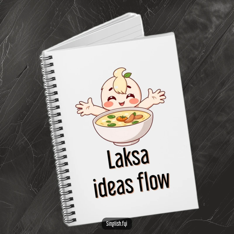 Funny notebook cover with a happy character embracing a bowl of laksa, perfect for jotting down delicious ideas.