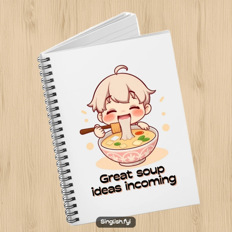 Funny notebook with a cover showing a happy character intensely slurping a bowl of lontong soup, ideal for notes and lists.