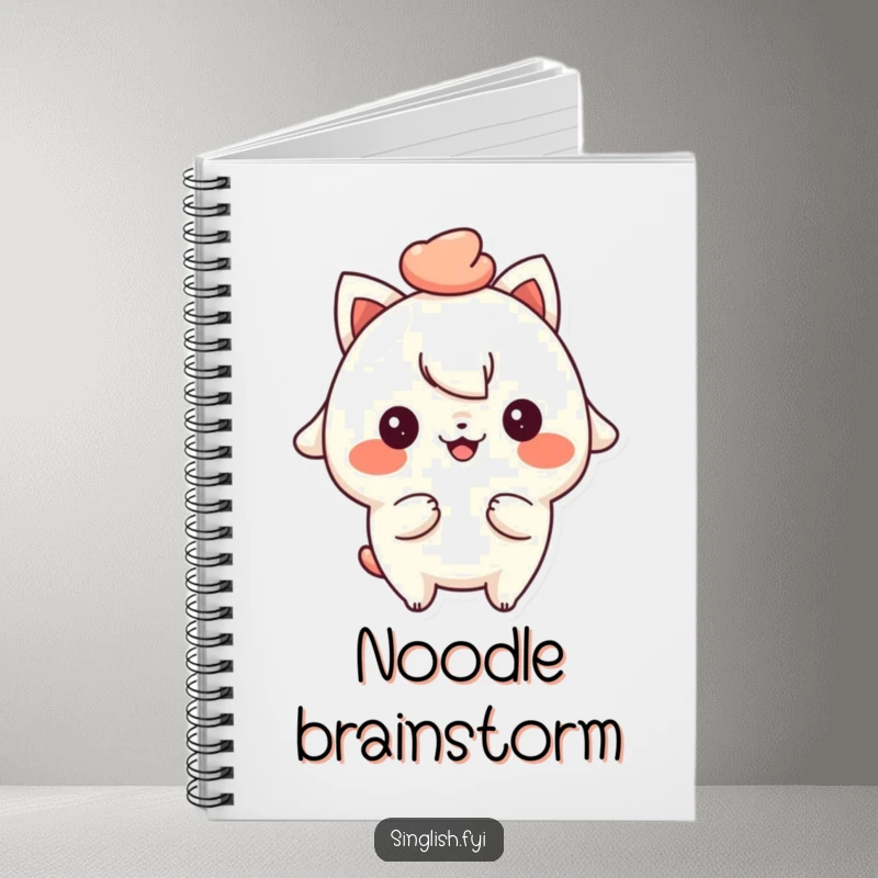 Funny notebook cover with a playful character, cheeky smile, holding mee pok, perfect for creative and humorous writing.