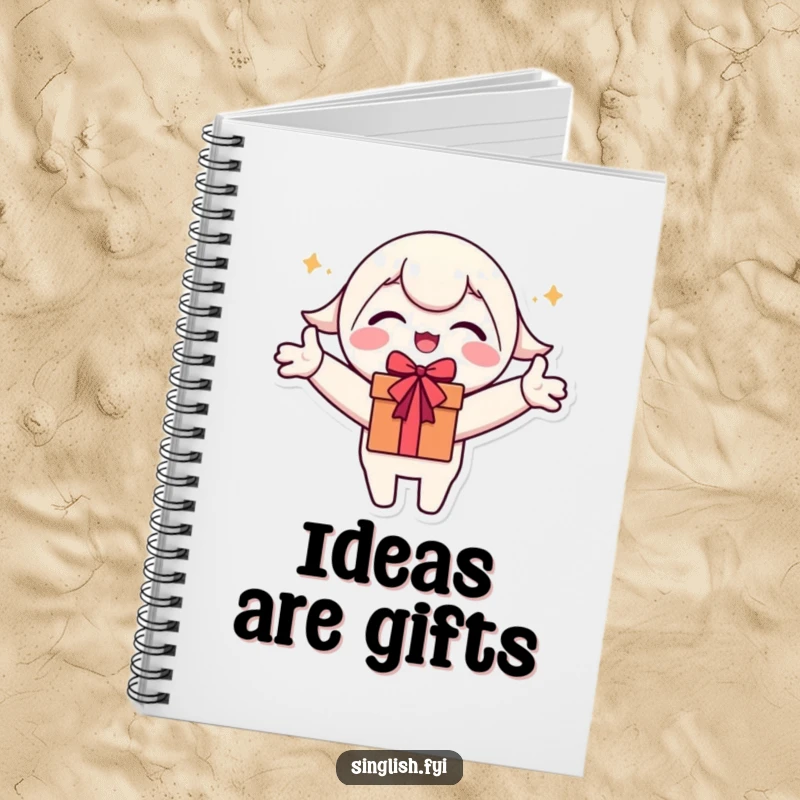 Funny Notebook: Cute character with arms outstretched, comically planning or writing down gift ideas.