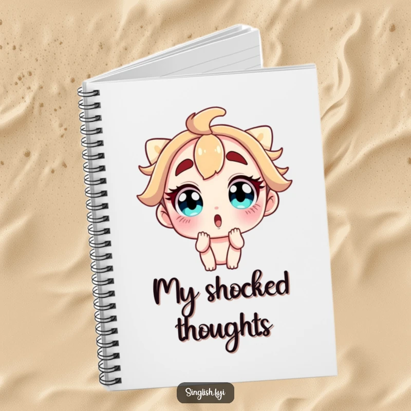 Funny notebook with a surprised character's wide eyes and raised eyebrows on the cover, ideal for jotting down humorous thoughts.