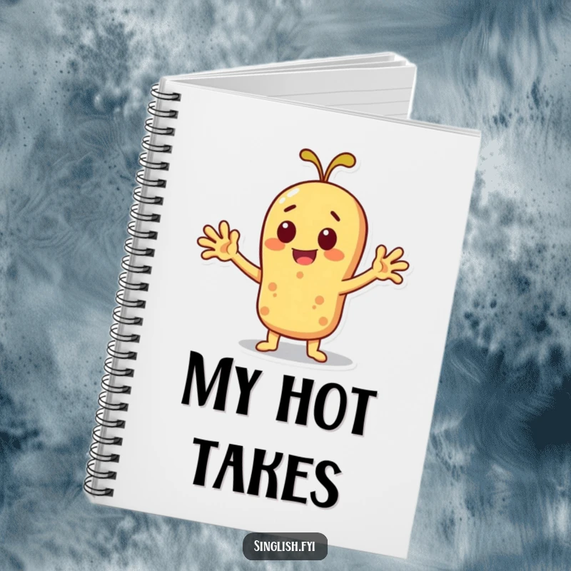 Funny cheerful roti character fanning itself, featured on a lined notebook.