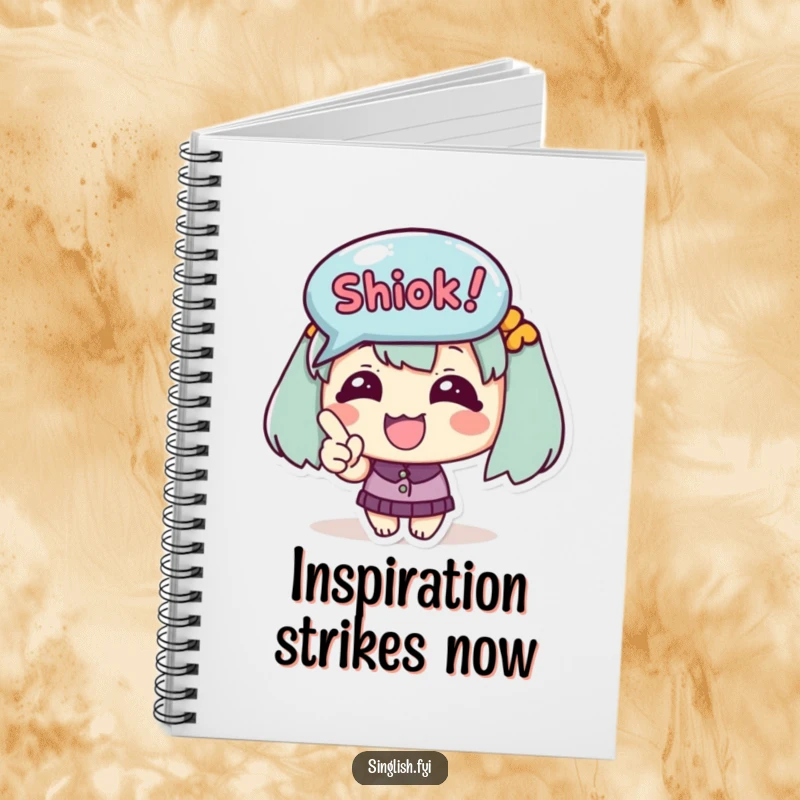 Funny Notebook depicts a cute happy character excitedly pointing at a 'Shiok!' bubble, ideal for joyful note-taking.
