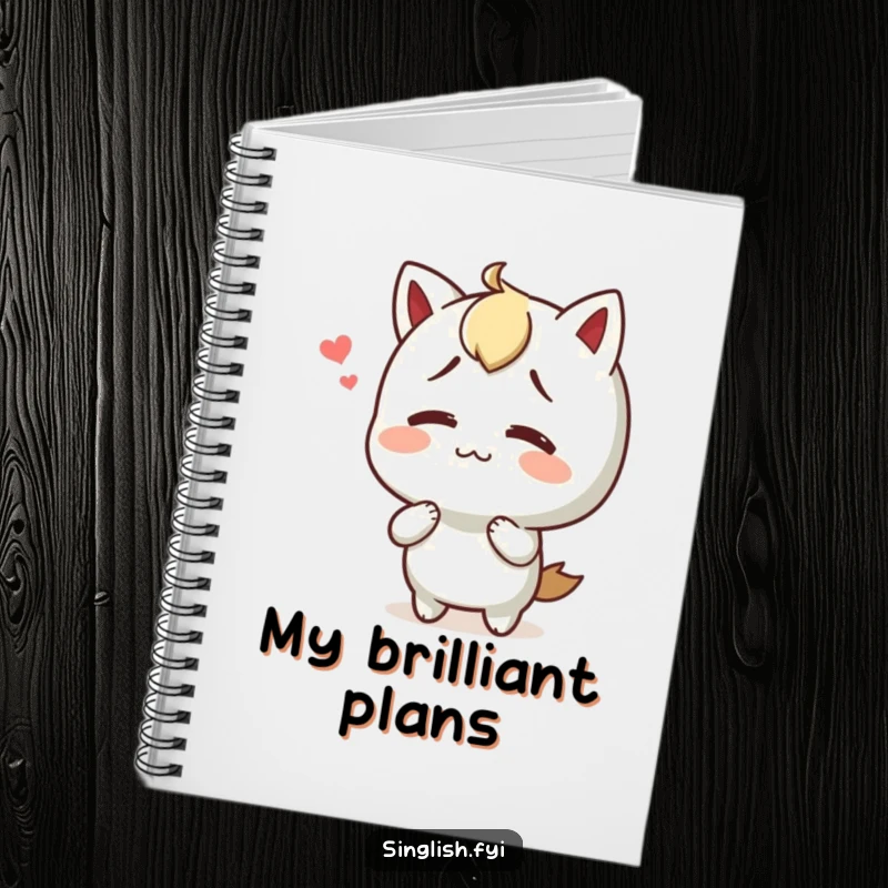 Funny notebook with a character shrugging with a happy yet confused expression, perfect for writing and journaling.