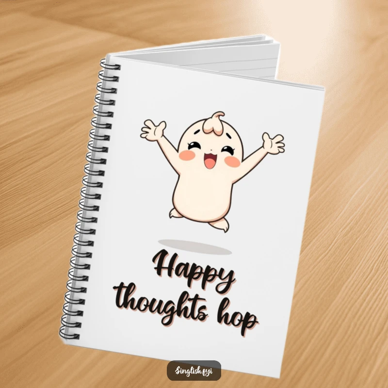 Funny notebook with a character doing a happy hop with arms thrown wide, perfect for writing and expressing joy.